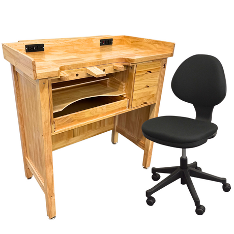 Deluxe Solid Wooden Jeweler’s Bench Set with Chair & Built-In Power Outlets + USB Ports