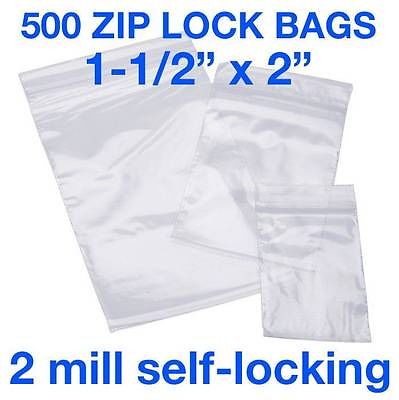 Clear 500 piece 1.5x2 inch 2 mil Zip Lock Plastic Bags resealable poly bags
