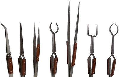 7-piece fiber grip soldering tweezer set with self-closing cross lock and various tip shapes for precise jewelry and electronics repair