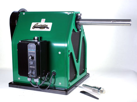 Covington Professional Glass Lathe with 12" reach, Morse 3 taper, 1 HP variable speed motor, aircraft-grade aluminum chassis, and stainless steel spindle