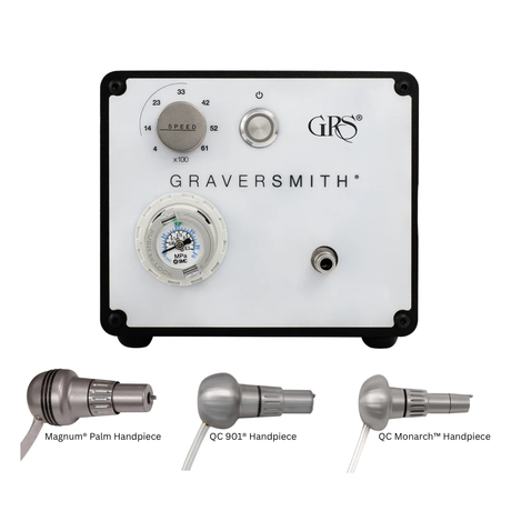 GRS GraverSmith Air System engraving tool with three handpiece options against white background