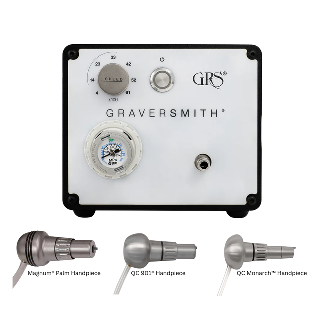 GRS GraverSmith Air System engraving tool with three handpiece options against white background