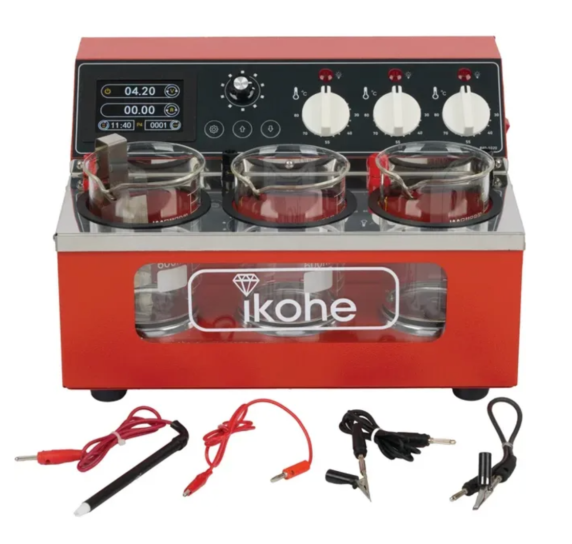 Ikohe 3-Beaker Plating System with digital controls and three transparent glass beakers for professional jewelry electroplating