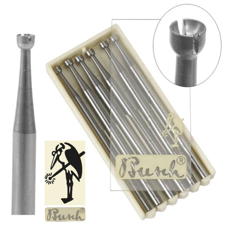 Busch Fig 411T Twincut Concave Cup Burs 1.10mm 6-pack dental rotary tools with 3/32" shank for precision finishing in tight curves