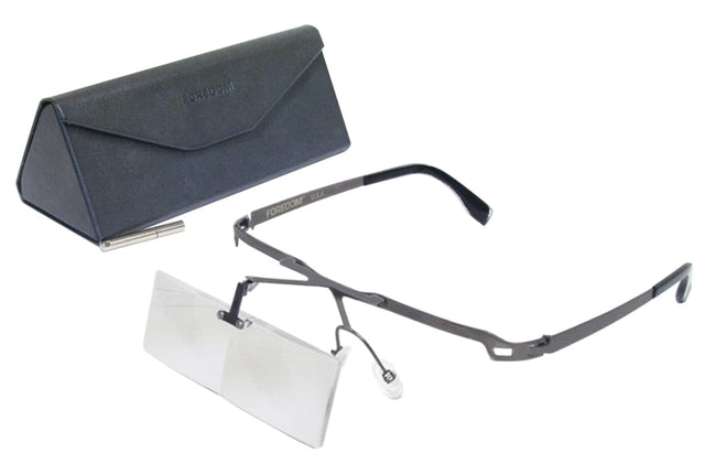 Foredom 2X Lens Magnifiers with 13" focal length, acrylic double lenses, ergonomic frame, and protective case.