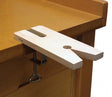 V-Slot Bench Pin Set with clamp attached to workbench edge made of hardwood for precise sawing and stability