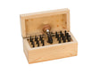 Stone setting prong pushing burnisher set with hardwood handle and 18 concave tempered punches in wooden box