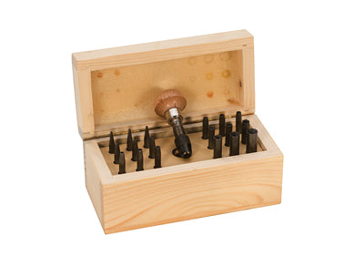 Stone setting prong pushing burnisher set with hardwood handle and 18 concave tempered punches in wooden box