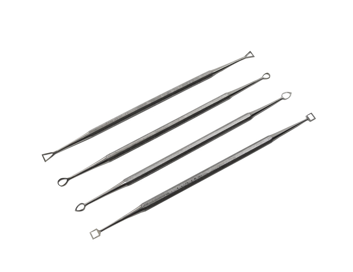 4-piece double-sided hollow wax carving set with stainless steel textured handles for precision wax sculpting and detailing