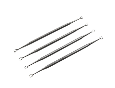 4-piece double-sided hollow wax carving set with stainless steel textured handles for precision wax sculpting and detailing