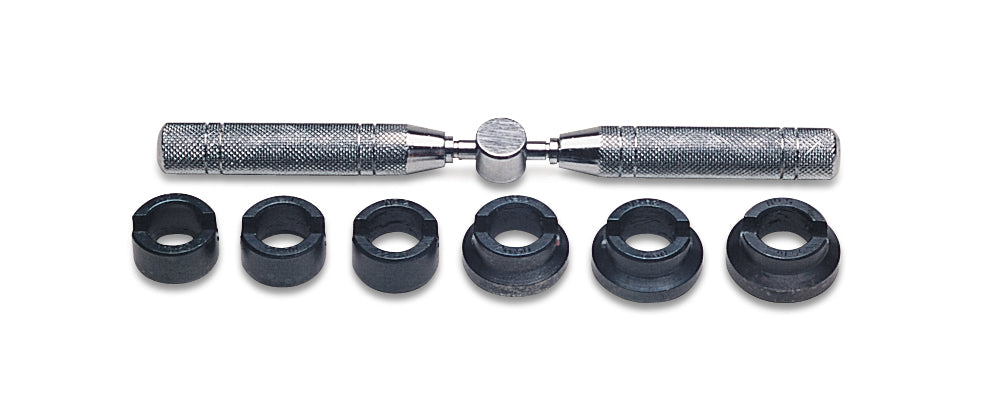 Rolex-style case opener with wrench and six dies for precise watch back removal