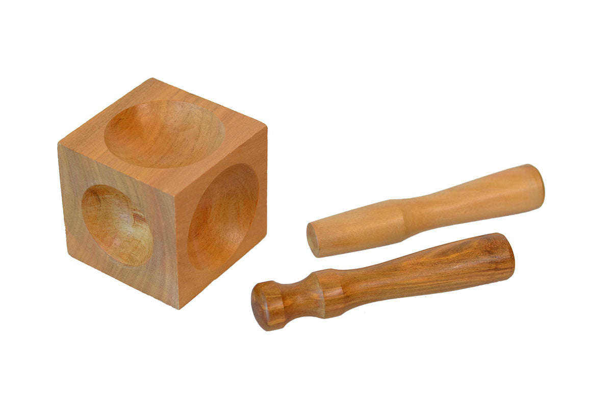 Wooden dapping die set with two hardwood punches and square block for metal shaping and dent removal