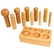 Large wooden dapping set with ten punches from 16 to 65 mm and a hardwood block for jewelry making and metalforming.