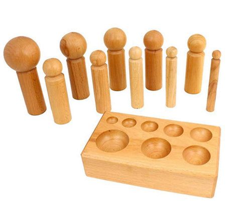 Large wooden dapping set with ten punches from 16 to 65 mm and a hardwood block for jewelry making and metalforming.