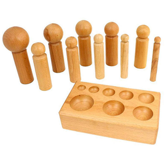 Large wooden dapping set with ten punches from 16 to 65 mm and a hardwood block for jewelry making and metalforming.