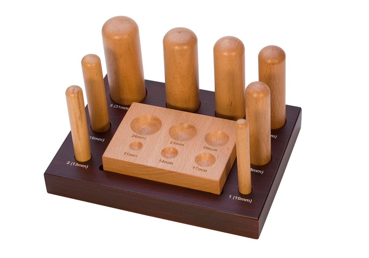 8-piece wooden dapping set with block and stand for metal shaping and jewelry making