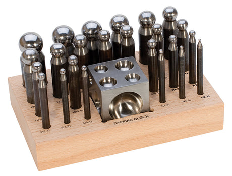 24 Piece Dapping Punch Set with block on wooden base for metal shaping and jewelry making