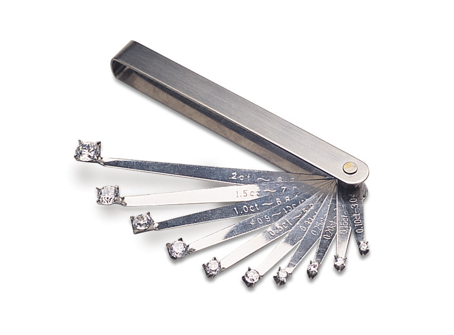 4-1/4 inch diamond size gauge with ten cubic zirconia sizes for precise gemstone measurement