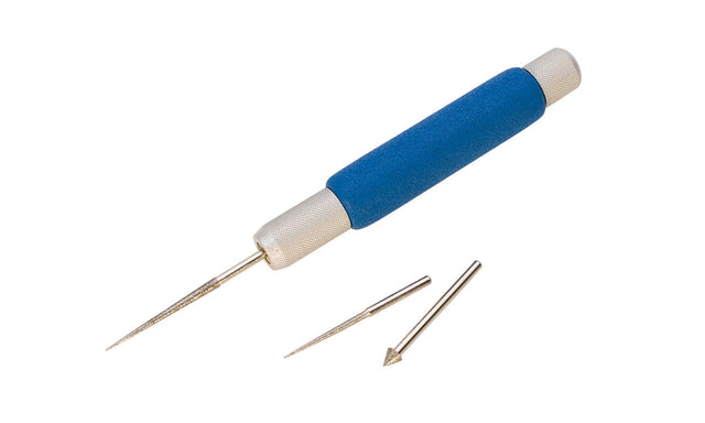 Deluxe bead reamer set with blue grip handle and three interchangeable steel tips for jewelry making and beadwork.