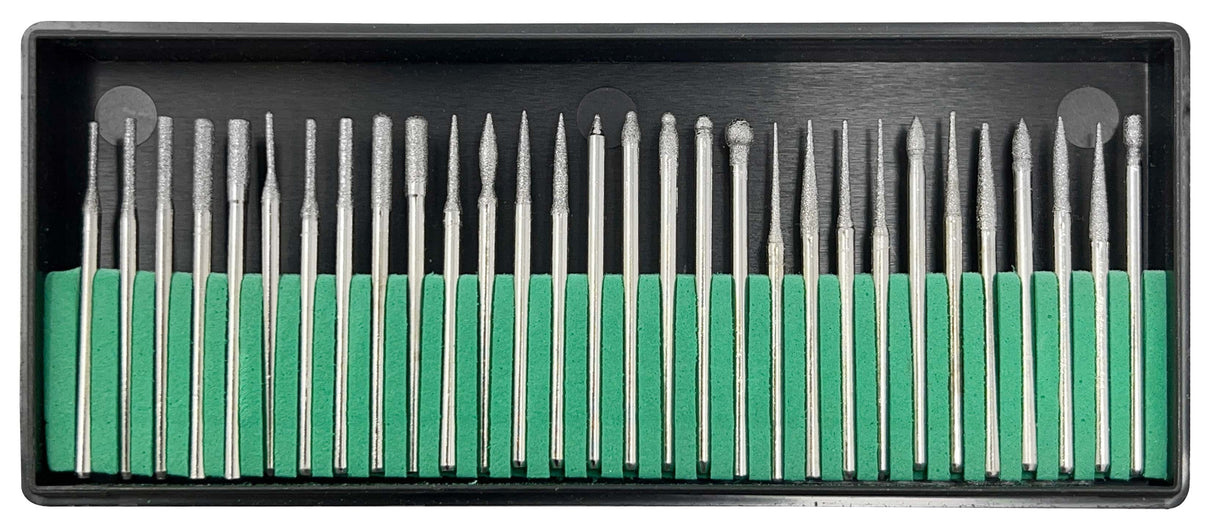 Set of 30 diamond burs with 3/32" shank for dental, jewelry, and hobby use