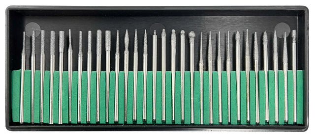 Set of 30 diamond burs with 3/32" shank for dental, jewelry, and hobby use