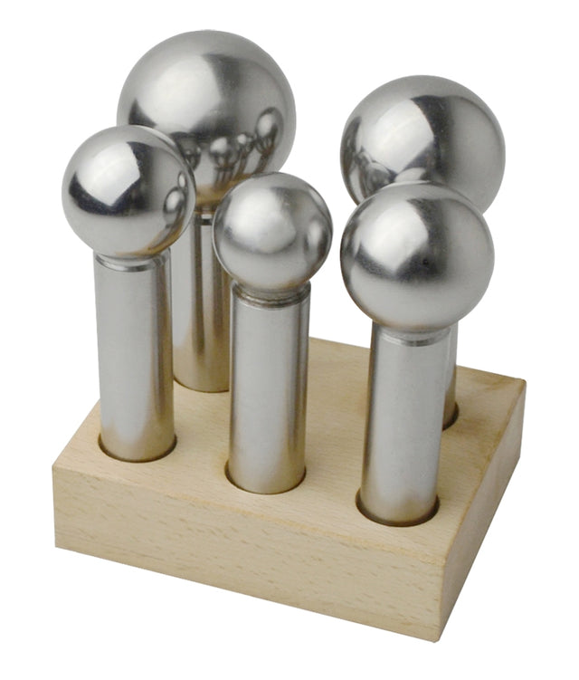 5-Piece Large Steel Dapping Punch Set with Wooden Stand - 28 MM to 45 MM