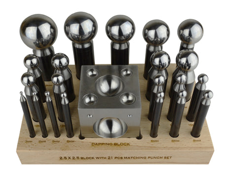 23-Piece Round Steel Dapping Punch Set with Dapping Block & Wooden Base 