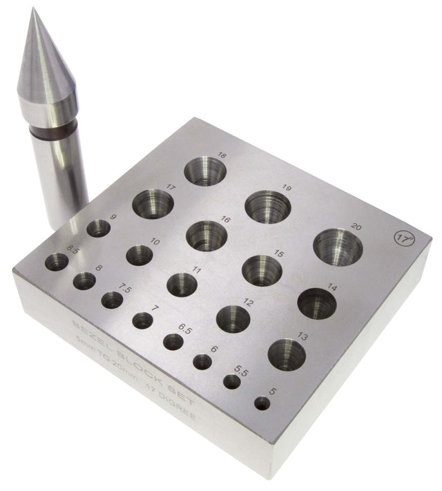 Round bezel block and punch set with 20 tapered holes and hardened steel punch for precise jewelry bezel shaping.