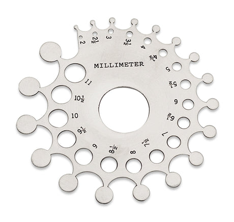 Baker Diamond and Gemstone Gauge with dual-sided carat and millimeter measurement holes for precise stone sizing