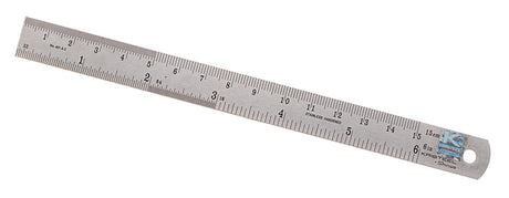 6 inch steel ruler with inch and centimeter markings, durable corrosion-resistant metal, compact design with hanging hole for easy storage