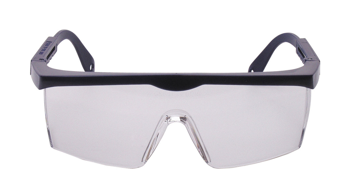 Blue frame safety glasses with clear wrap-around lenses for reliable eye protection