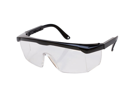 Clear safety glasses with impact-resistant polycarbonate lenses and adjustable black frame