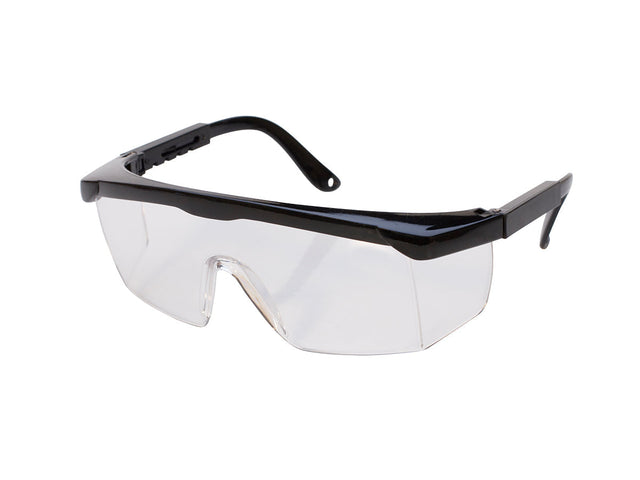 Clear safety glasses with impact-resistant polycarbonate lenses and adjustable black frame