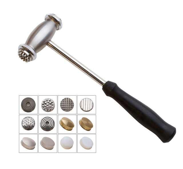 Interchangeable Texturing Hammer with 12 textured faces and ergonomic handle for wood, metal, and craft projects