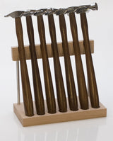 7-Piece Mini Trustrike Hammer Set with polished heads and wooden stand