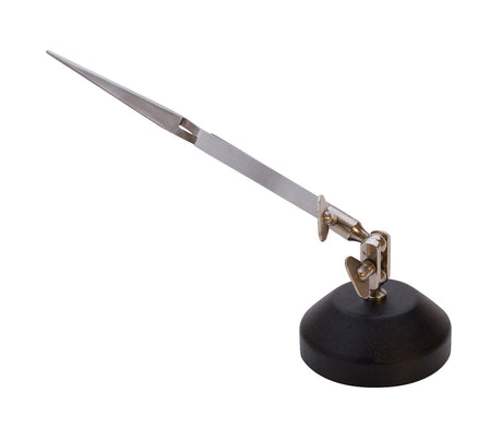 Third hand tool with pointed tweezers mounted on weighted base for soldering and hands-free work