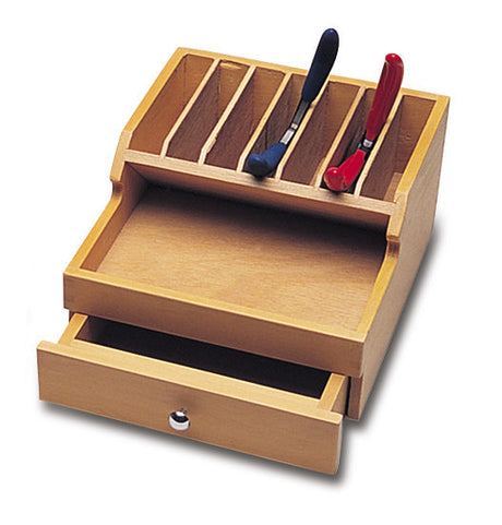 Wood plier rack with seven compartments and drawer for workshop storage