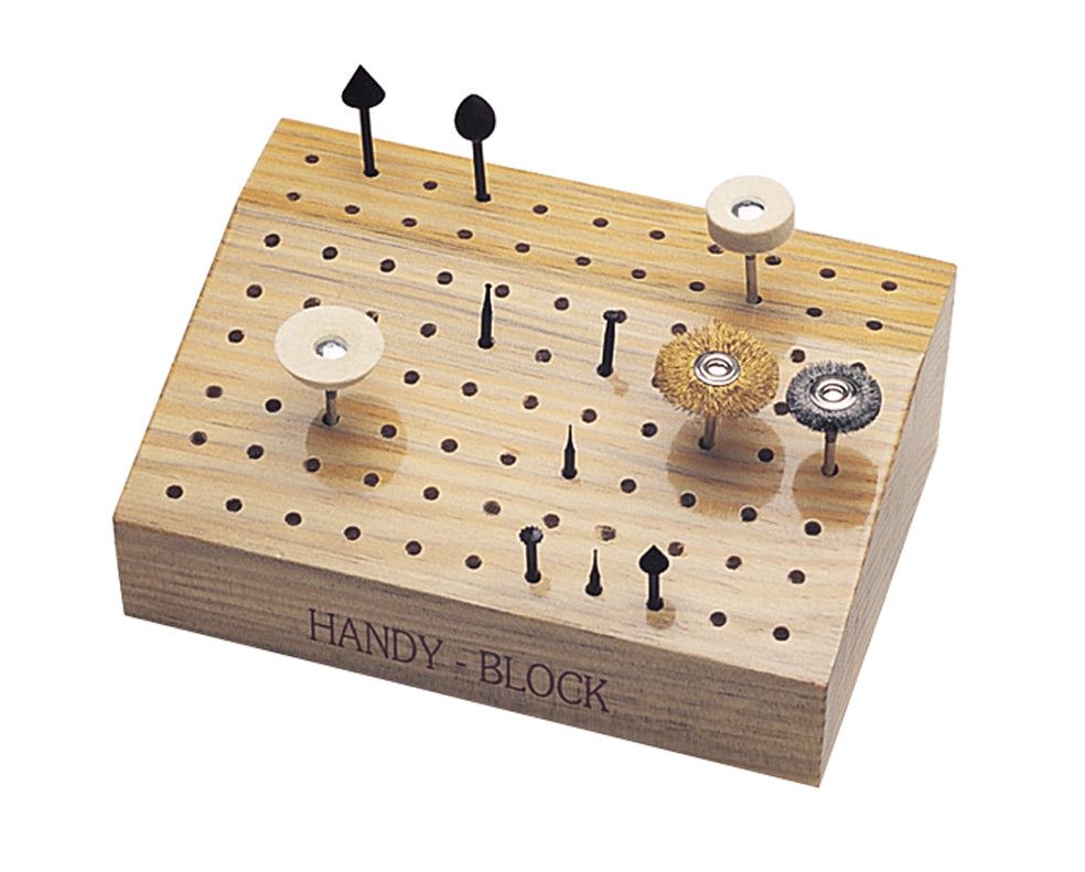 Handy Block wooden organizer with 88 holes for burs and tools, slanted design for easy tool access