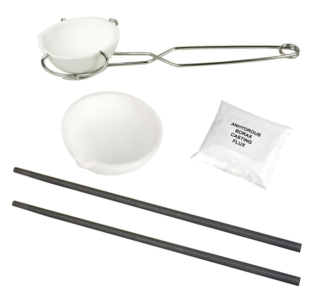 Large Ceramic Silica Melting Crucible Set with Borax, Graphite Stir Rod, and Tongs