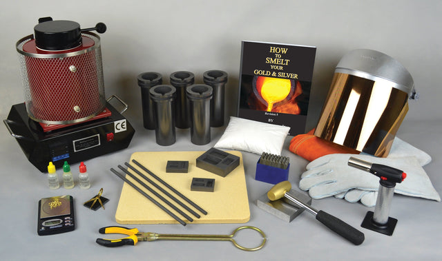Gold and silver melting electric furnace kit with tools, safety gear, and instructional book for metal casting