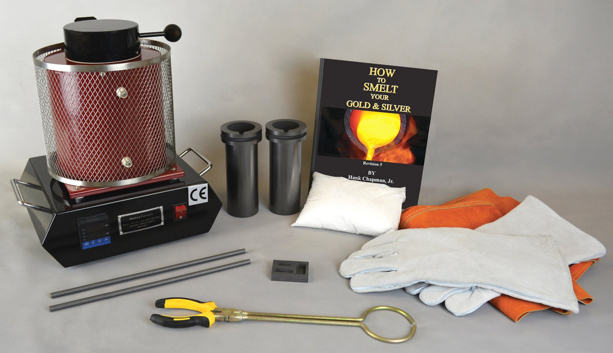 1 Kg Basic Gold and Silver Melting Electric Furnace Kit with furnace, crucibles, gloves, tongs, and smelting guidebook