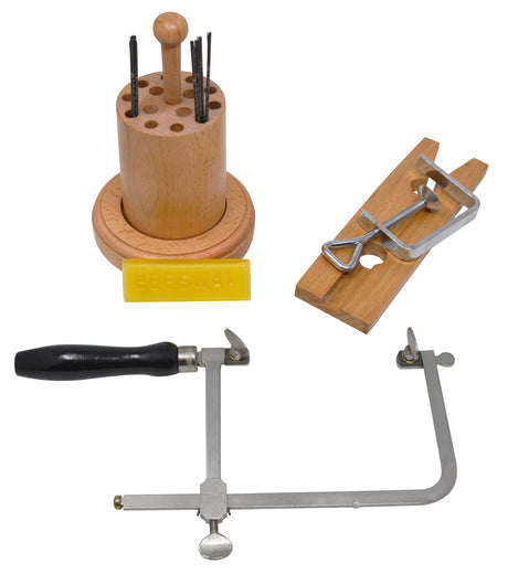 Jewelers Sawing Kit with Sawframe, Blades, Beeswax, Blade Organizer, & Bench Pin by PMC Supplies