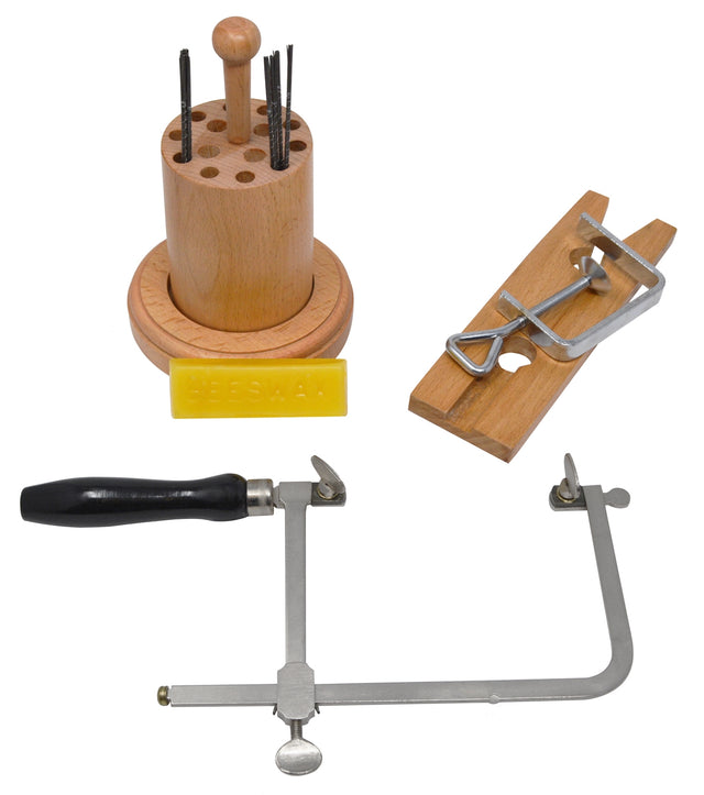 Jewelers Sawing Kit with Sawframe, Blades, Beeswax, Blade Organizer, & Bench Pin by PMC Supplies