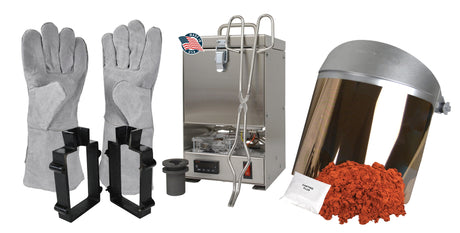 10 Oz QuikMelt TableTop Furnace Sand Casting Set with 10 Lbs of Petrobond, Safety Gear, Tongs, Crucible, Cast Iron Mold Flask Frame, Parting Powder, & Flux