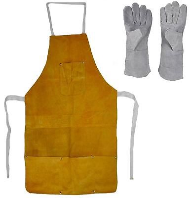 Leather heat resistant safety apron with four pockets and matching protective gloves set for metal refining and melting tasks