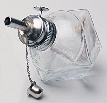 Compact glass alcohol lamp with adjustable 3/16" wick and nickel-plated brass top for precise flame control.