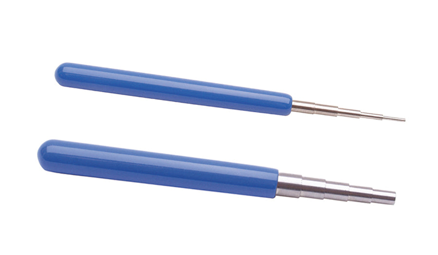 Set of 2 6-inch wire wrapping mandrels with blue PVC handles and stainless steel tapered shafts for jewelry making