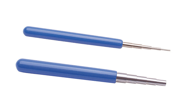 Set of 2 6-inch wire wrapping mandrels with blue PVC handles and stainless steel tapered shafts for jewelry making