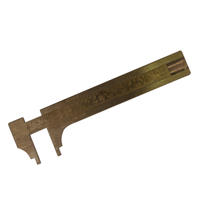 4-inch brass sliding millimeter gauge with dual metric and imperial scales and clear stamped markings