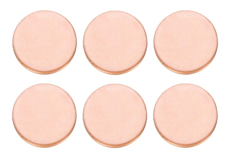 Set of six 1-inch Copper 24GA circles for jewelry making, ideal for pendants, charms, enameling, and stamping with polished high-luster finish